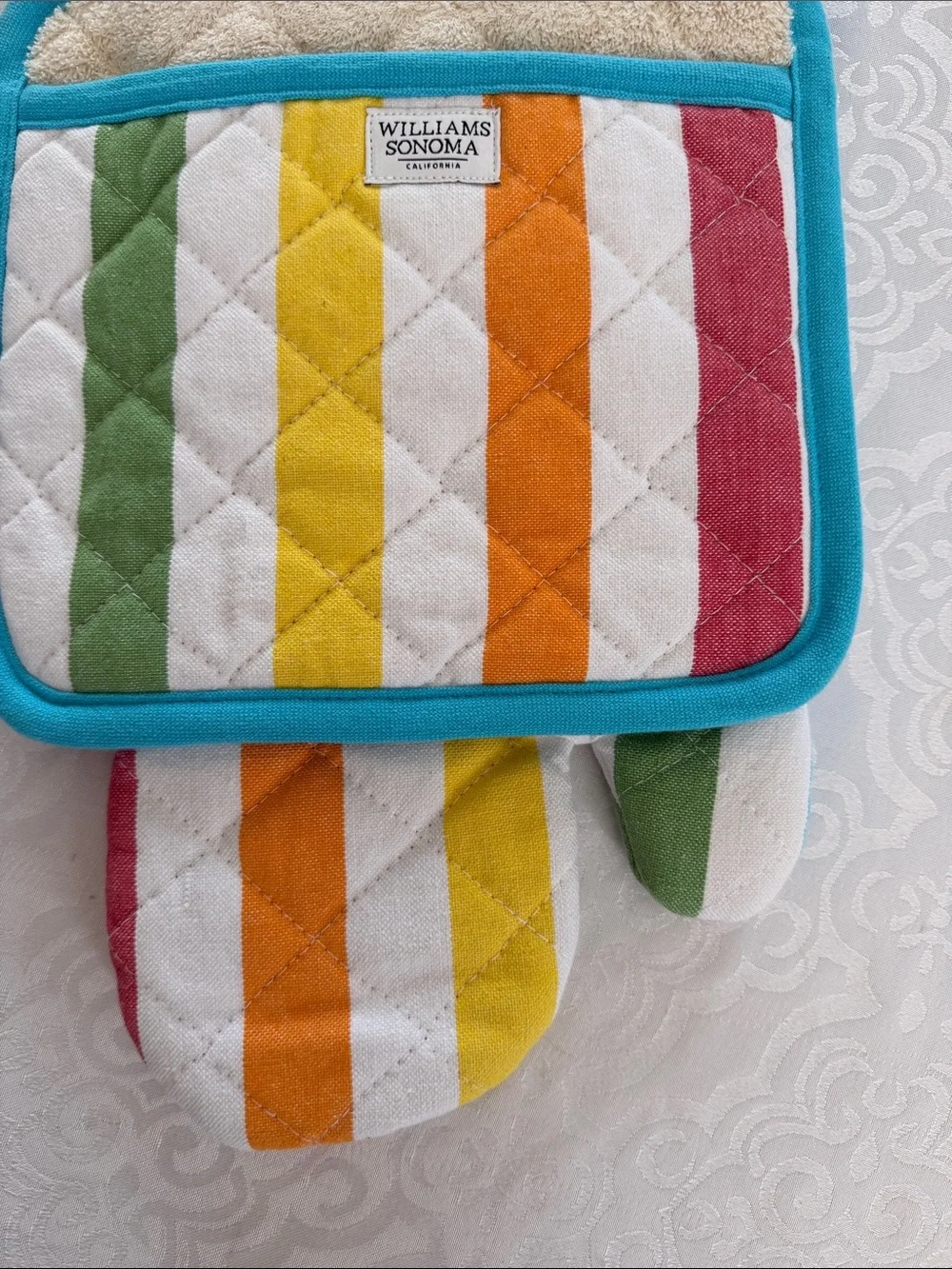 Williams Sonoma Striped Oven Mitt and Pot Holder Set in Teal Trim